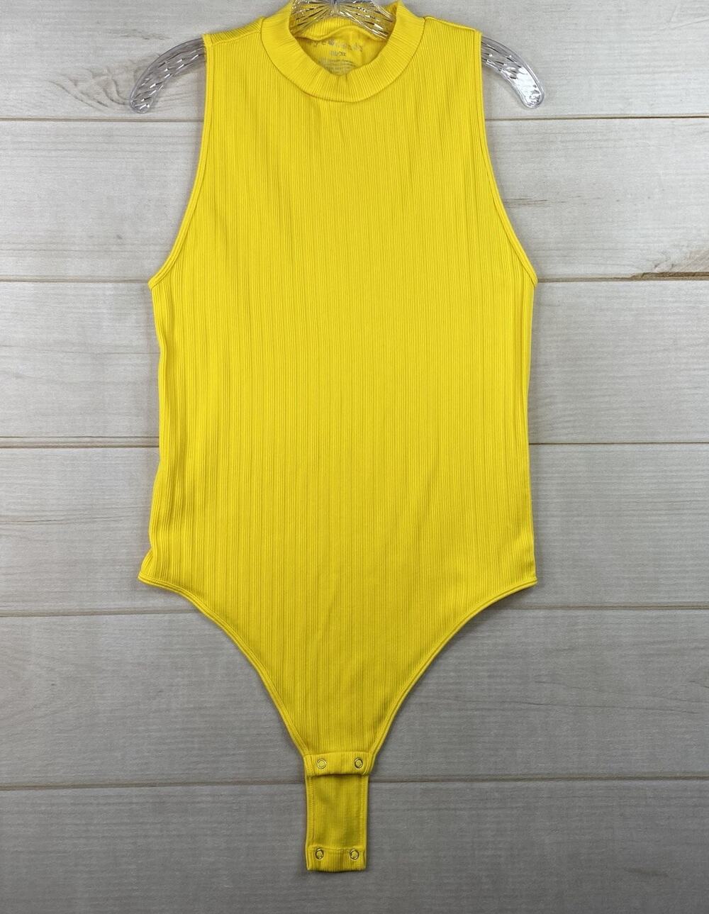 Eye Candy Bodysuit Top Womens 2X/3X Yellow RIbbed High Neck Sleeveless Stretch